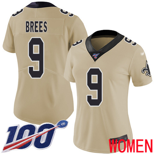 New Orleans Saints Limited Gold Women Drew Brees Jersey NFL Football 9 100th Season Inverted Legend Jersey